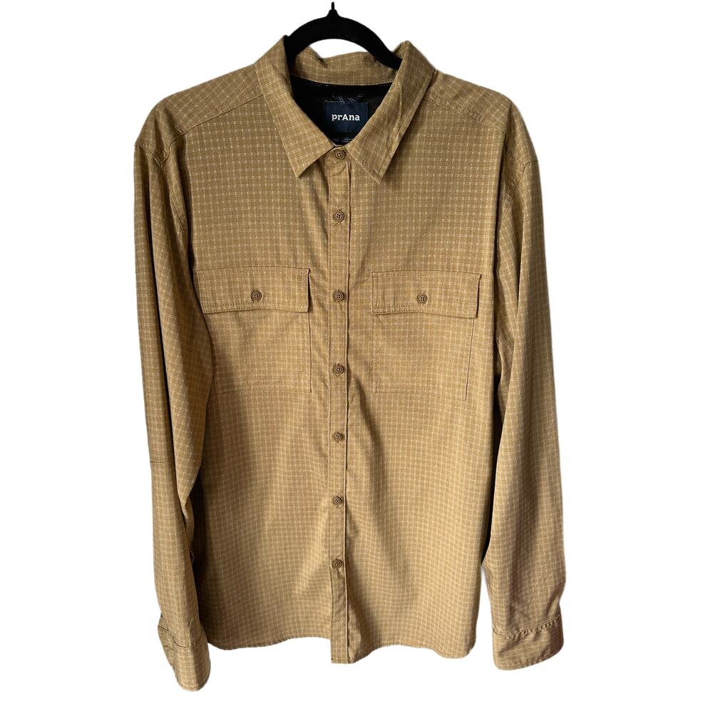 PrAna Men’s Tan Gingham Long Sleeve Button Up Size L Hiking Utility OutdoorCore